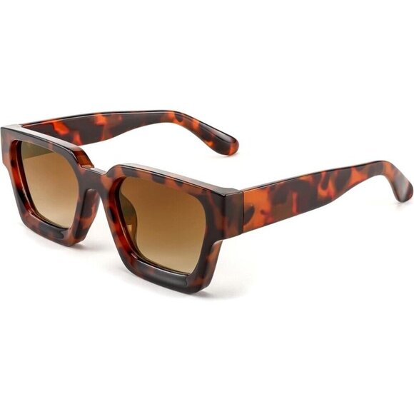 Women's Men's  Rectangle Y2K 90s Retro Thick Square Frame Leopard Sunglasses - Picture 2 of 6